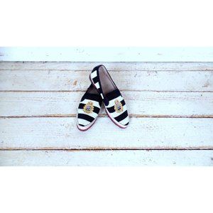 Donald Pliner black white striped beaded skull gold crest loafers crystal skull